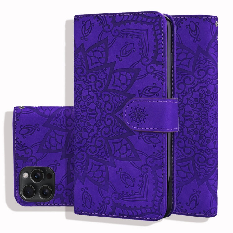 Mandala Embossed Dual-Fold Calf Leather Phone Case, For iPhone 16e, For iPhone 16 Pro, For iPhone 16 Pro Max, For iPhone 16 Plus, For iPhone 16, For iPhone 15 Pro Max