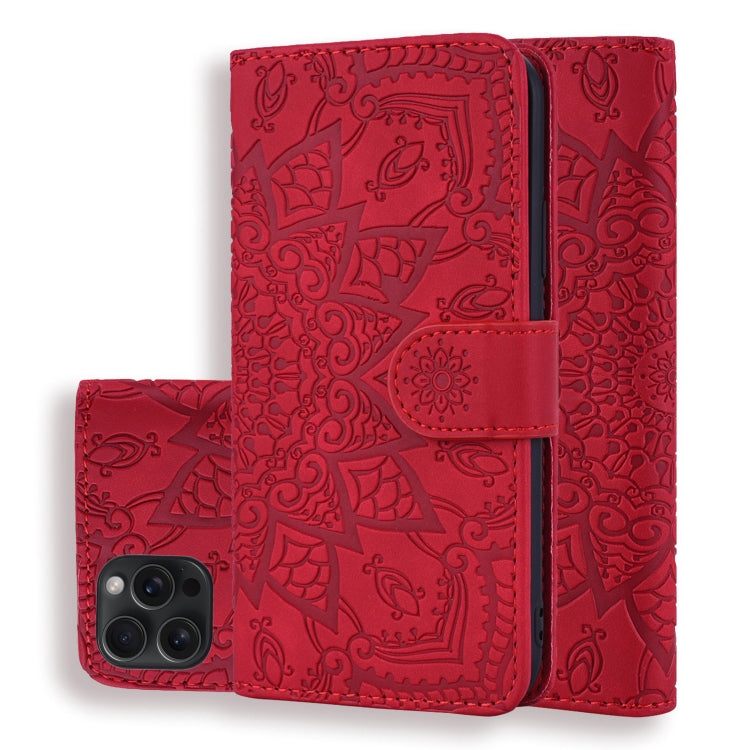 Mandala Embossed Dual-Fold Calf Leather Phone Case, For iPhone 16e, For iPhone 16 Pro, For iPhone 16 Pro Max, For iPhone 16 Plus, For iPhone 16, For iPhone 15 Pro Max