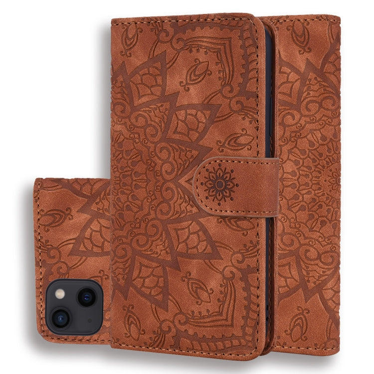 Mandala Embossed Dual-Fold Calf Leather Phone Case, For iPhone 16e, For iPhone 16 Pro, For iPhone 16 Pro Max, For iPhone 16 Plus, For iPhone 16, For iPhone 15 Pro Max