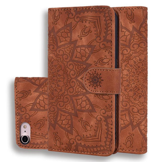 Mandala Embossed Dual-Fold Calf Leather Phone Case, For iPhone 16e, For iPhone 16 Pro, For iPhone 16 Pro Max, For iPhone 16 Plus, For iPhone 16, For iPhone 15 Pro Max