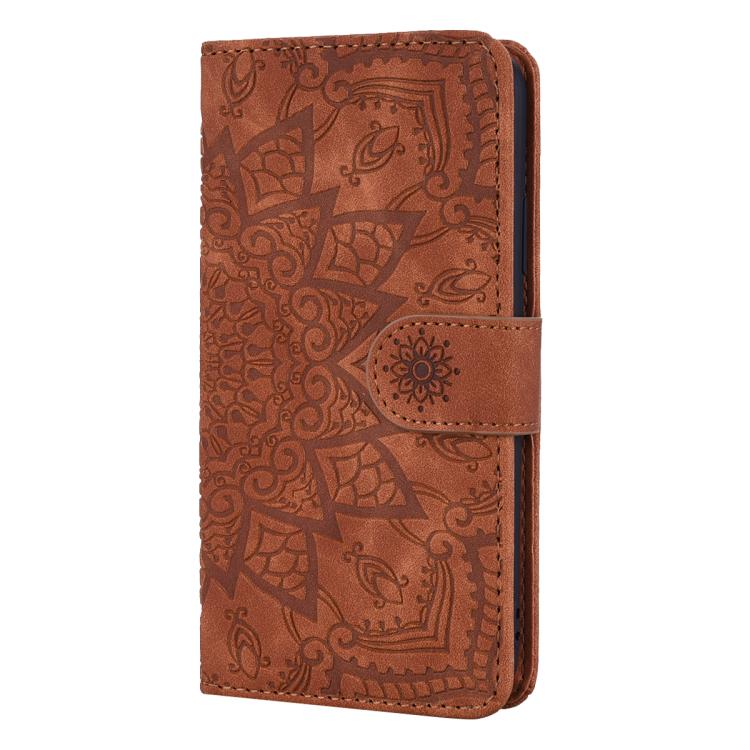 Mandala Embossed Dual-Fold Calf Leather Phone Case, For iPhone 16e, For iPhone 16 Pro, For iPhone 16 Pro Max, For iPhone 16 Plus, For iPhone 16, For iPhone 15 Pro Max