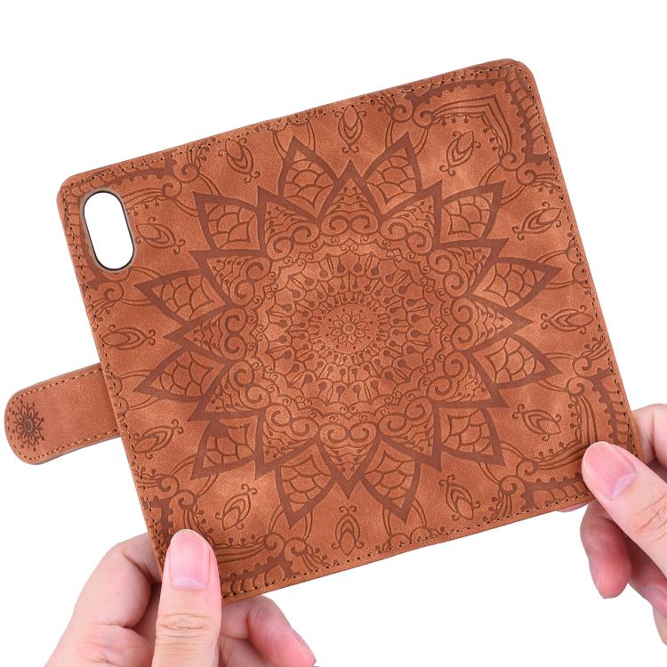 Mandala Embossed Dual-Fold Calf Leather Phone Case, For iPhone 16e, For iPhone 16 Pro, For iPhone 16 Pro Max, For iPhone 16 Plus, For iPhone 16, For iPhone 15 Pro Max