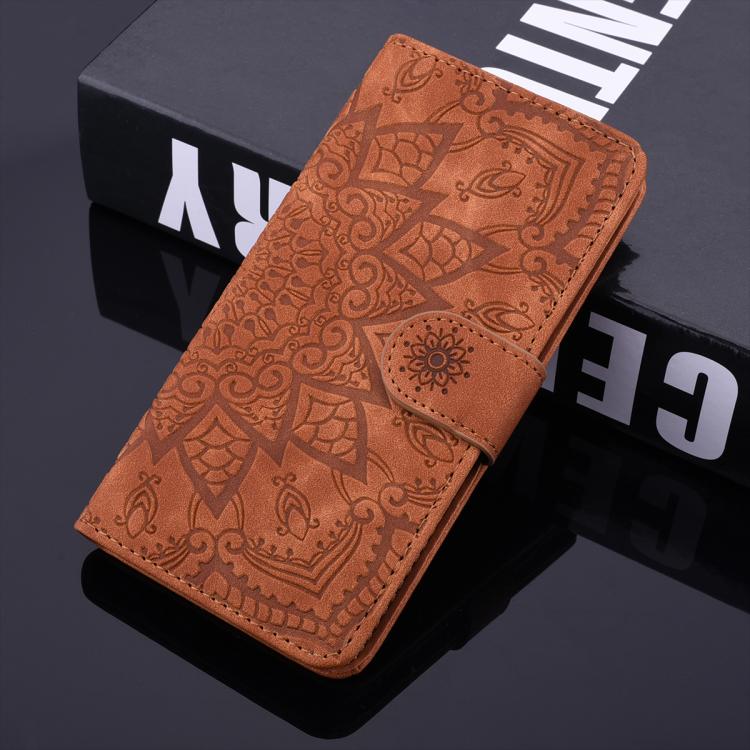 Mandala Embossed Dual-Fold Calf Leather Phone Case, For iPhone 16e, For iPhone 16 Pro, For iPhone 16 Pro Max, For iPhone 16 Plus, For iPhone 16, For iPhone 15 Pro Max