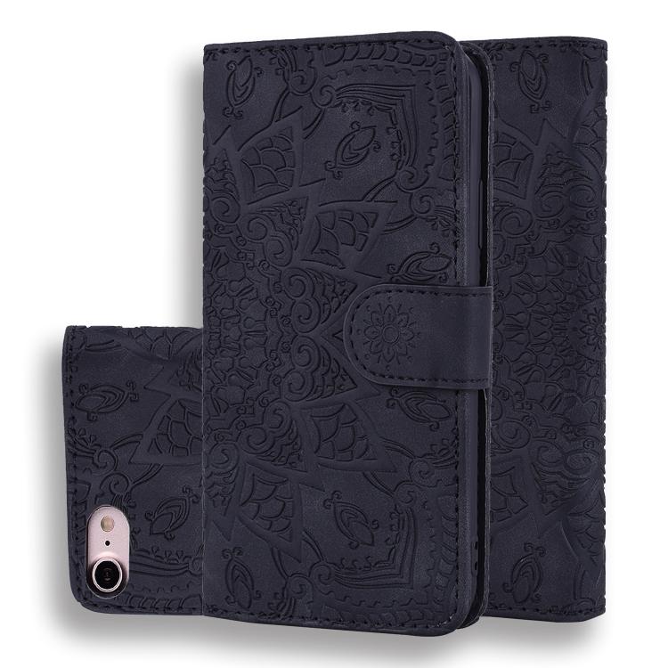 Mandala Embossed Dual-Fold Calf Leather Phone Case, For iPhone 16e, For iPhone 16 Pro, For iPhone 16 Pro Max, For iPhone 16 Plus, For iPhone 16, For iPhone 15 Pro Max