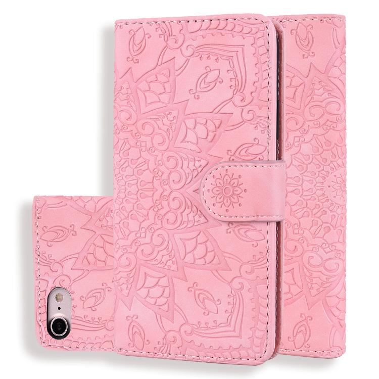 Mandala Embossed Dual-Fold Calf Leather Phone Case, For iPhone 16e, For iPhone 16 Pro, For iPhone 16 Pro Max, For iPhone 16 Plus, For iPhone 16, For iPhone 15 Pro Max