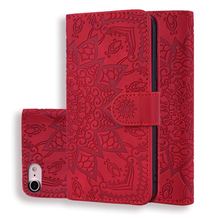 Mandala Embossed Dual-Fold Calf Leather Phone Case, For iPhone 16e, For iPhone 16 Pro, For iPhone 16 Pro Max, For iPhone 16 Plus, For iPhone 16, For iPhone 15 Pro Max