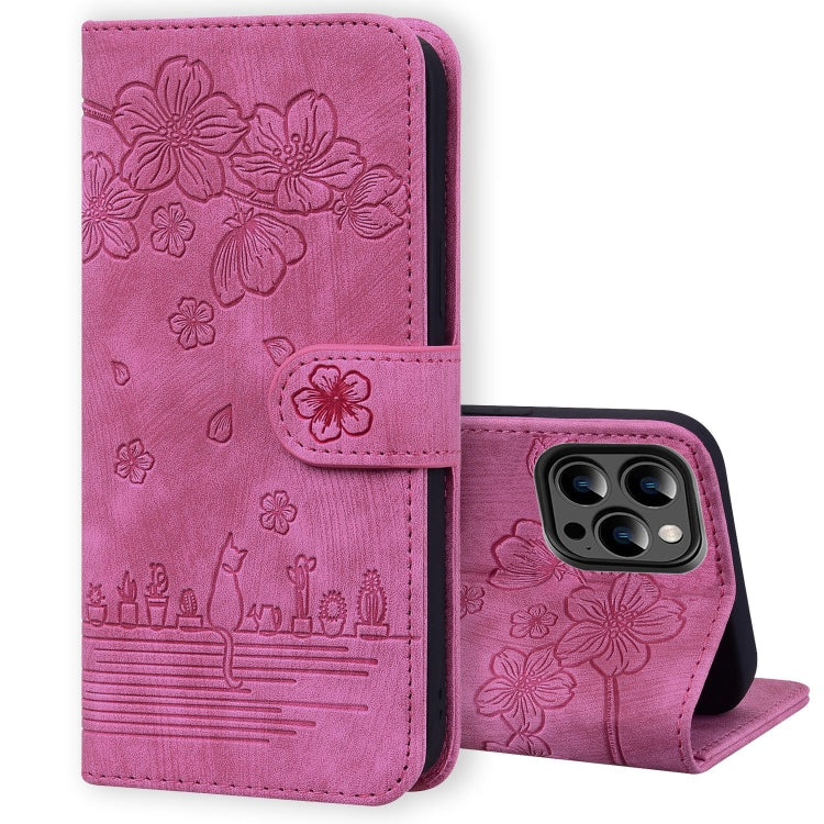 Cartoon Sakura Cat Embossed Leather Phone Case, For iPhone 14 Pro Max