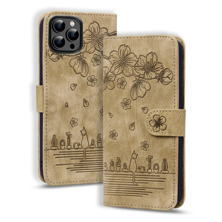 Cartoon Sakura Cat Embossed Leather Phone Case, For iPhone 16e, For iPhone 16 Pro Max, For iPhone 16 Pro, For iPhone 16 Plus, For iPhone 16, For iPhone 15 Pro Max