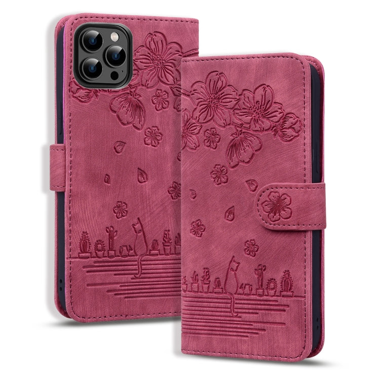 Cartoon Sakura Cat Embossed Leather Phone Case, For iPhone 16e, For iPhone 16 Pro Max, For iPhone 16 Pro, For iPhone 16 Plus, For iPhone 16, For iPhone 15 Pro Max