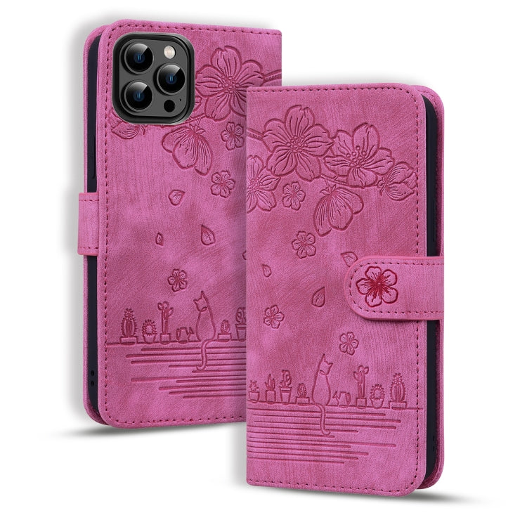 Cartoon Sakura Cat Embossed Leather Phone Case, For iPhone 16e, For iPhone 16 Pro Max, For iPhone 16 Pro, For iPhone 16 Plus, For iPhone 16, For iPhone 15 Pro Max