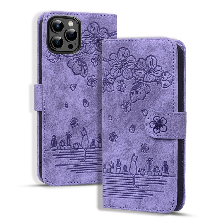 Cartoon Sakura Cat Embossed Leather Phone Case, For iPhone 16e, For iPhone 16 Pro Max, For iPhone 16 Pro, For iPhone 16 Plus, For iPhone 16, For iPhone 15 Pro Max