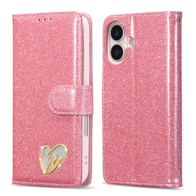 Glitter Powder Love Leather Phone Case, For iPhone 16 Pro Max, For iPhone 16 Pro, For iPhone 16 Plus, For iPhone 16, For iPhone 15 Pro Max, For iPhone 15 Pro, For iPhone 15 Plus, For iPhone 15