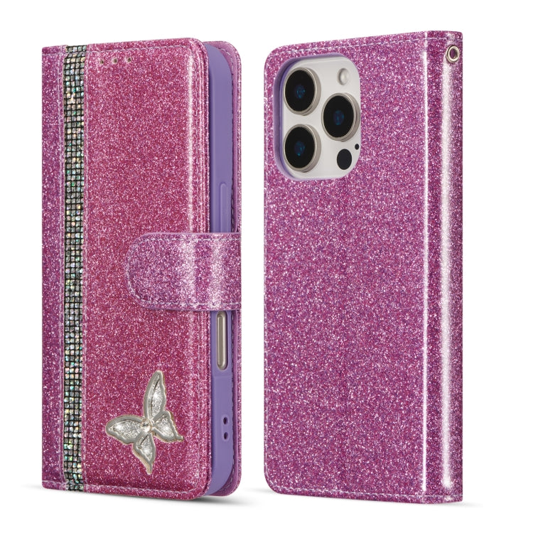 Glitter Powder Butterfly Leather Phone Case, For iPhone 16 Pro Max, For iPhone 16 Pro, For iPhone 16 Plus, For iPhone 16, For iPhone 15 Plus, For iPhone 15