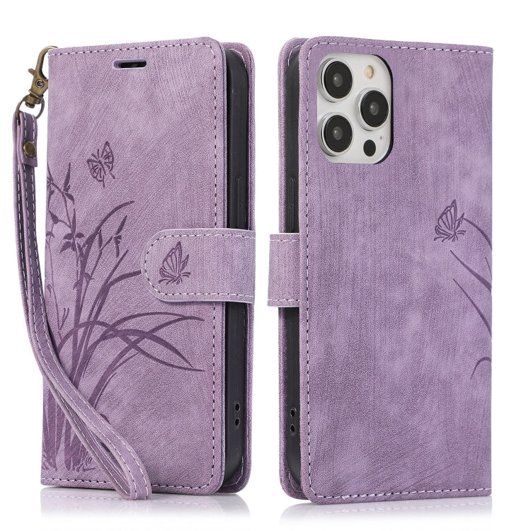 Orchid Butterfly Embossed Leather Phone Case, For iPhone 16 Pro Max, For iPhone 16 Pro, For iPhone 16 Plus, For iPhone 16, For iPhone 15 Pro Max