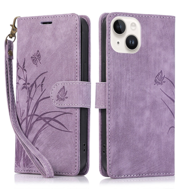 Orchid Butterfly Embossed Leather Phone Case, For iPhone 15 Pro, For iPhone 15 Plus, For iPhone 15, For iPhone 14 Plus, For iPhone 14