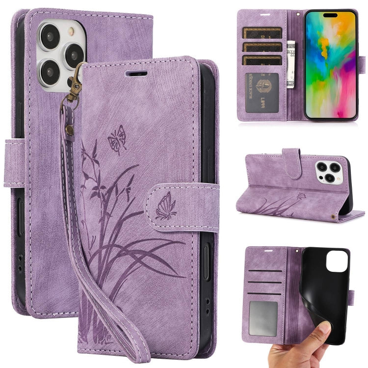 Orchid Butterfly Embossed Leather Phone Case, For iPhone 16 Pro Max, For iPhone 16 Pro, For iPhone 16 Plus, For iPhone 16, For iPhone 15 Pro Max