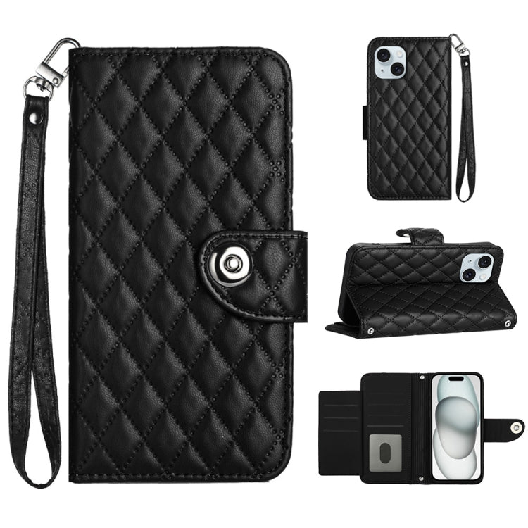 Rhombic Texture Flip Leather Phone Case with Lanyard, For iPhone 15 Pro Max, For iPhone 15 Pro, For iPhone 15 Plus, For iPhone 15, For iPhone 14 Plus