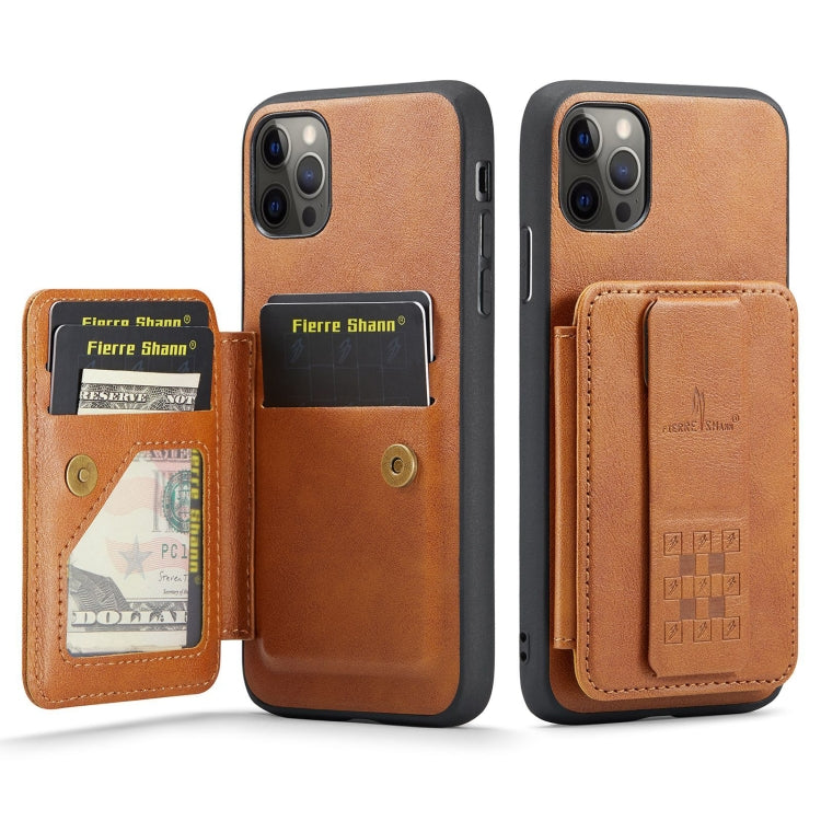 Fierre Shann Oil Wax Cow Leather Card Holder Back Phone Case, For iPhone 13, For iPhone 12 / 12 Pro, For iPhone 12 Pro Max, For iPhone 11 Pro Max, For iPhone 11