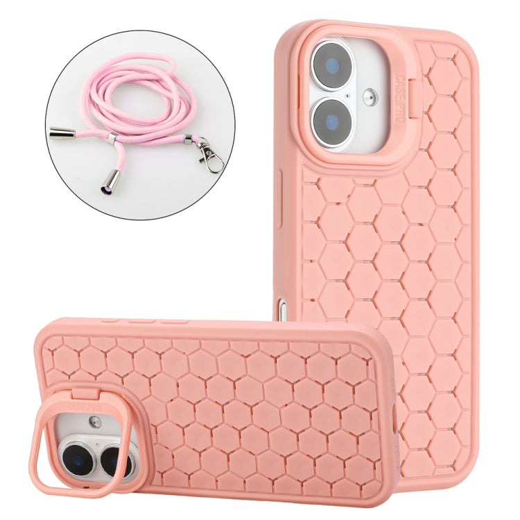 Honeycomb Radiating Lens Holder Magsafe Phone Case with Lanyard, For iPhone 16 Pro Max, For iPhone 16 Pro, For iPhone 16 Plus, For iPhone 16, For iPhone 15 Pro Max