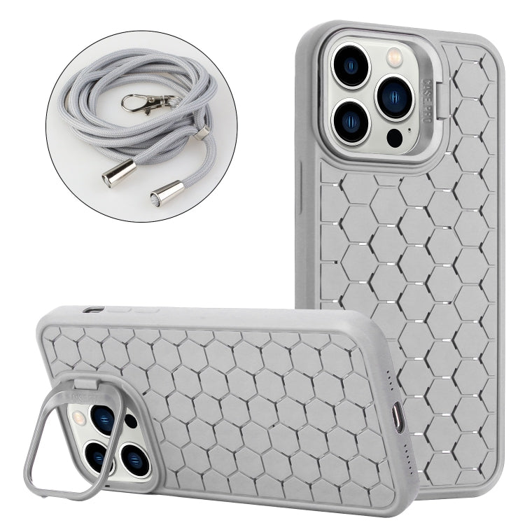 Honeycomb Radiating Holder TPU Phone Case with Lanyard, For iPhone 16 Pro Max, For iPhone 16 Pro, For iPhone 16 Plus, For iPhone 16, For iPhone 15 Pro Max