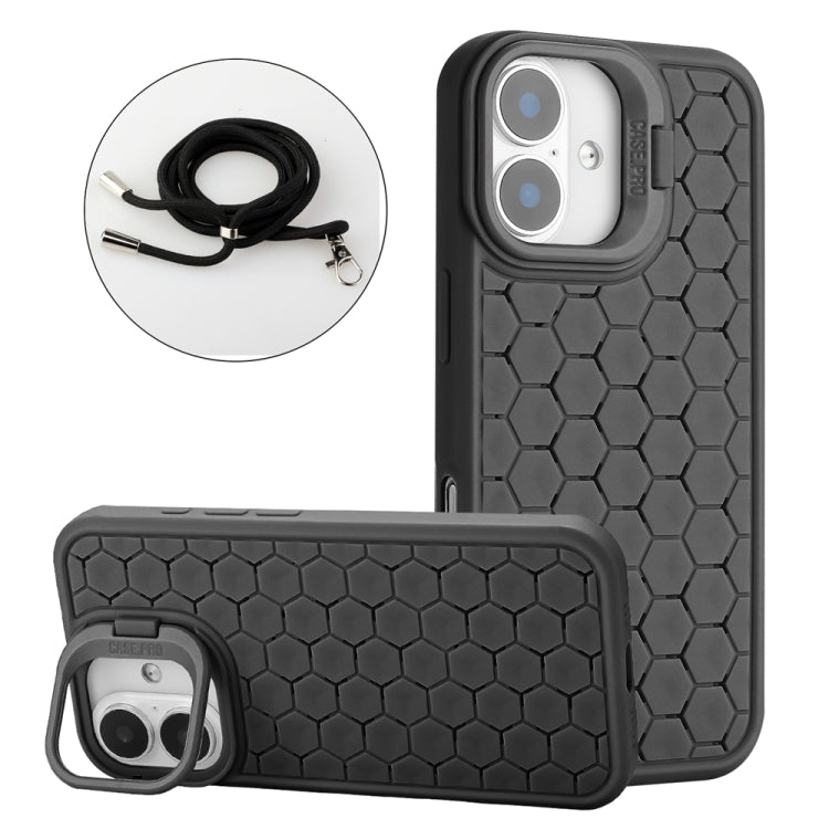 Honeycomb Radiating Holder TPU Phone Case with Lanyard, For iPhone 16 Pro Max, For iPhone 16 Pro, For iPhone 16 Plus, For iPhone 16, For iPhone 15 Pro Max