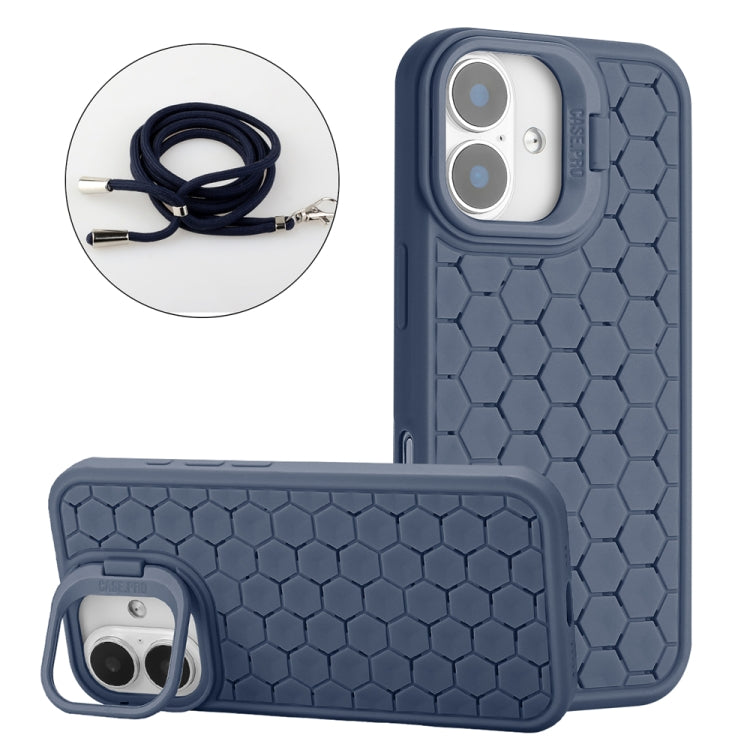 Honeycomb Radiating Holder TPU Phone Case with Lanyard, For iPhone 16 Pro Max, For iPhone 16 Pro, For iPhone 16 Plus, For iPhone 16, For iPhone 15 Pro Max