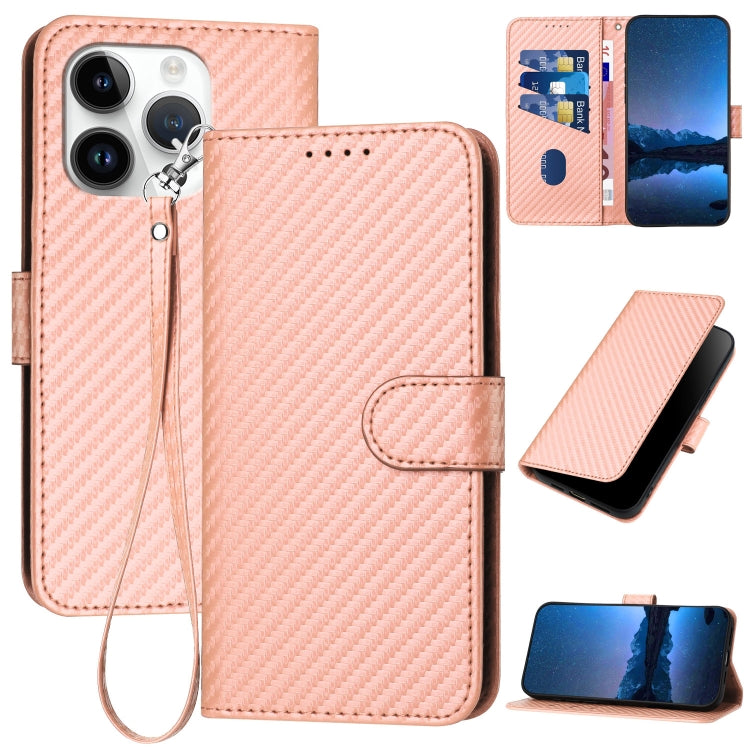 YX0070 Carbon Fiber Buckle Leather Phone Case with Lanyard, For iPhone 15, For iPhone 14 Plus, For iPhone 14, For iPhone 14 Pro