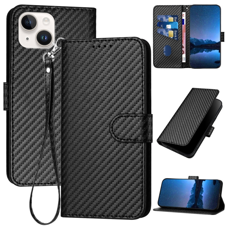 YX0070 Carbon Fiber Buckle Leather Phone Case with Lanyard, For iPhone 15, For iPhone 14 Plus, For iPhone 14, For iPhone 14 Pro