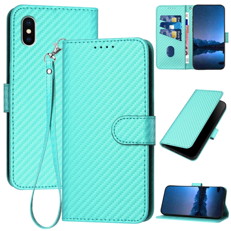 YX0070 Carbon Fiber Buckle Leather Phone Case with Lanyard, For iPhone X / XS, For iPhone XR, For iPhone XS Max, For iPhone 8 Plus / 7 Plus