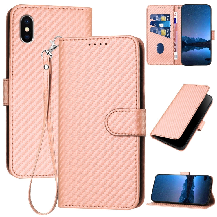 YX0070 Carbon Fiber Buckle Leather Phone Case with Lanyard, For iPhone X / XS, For iPhone XR, For iPhone XS Max, For iPhone 8 Plus / 7 Plus