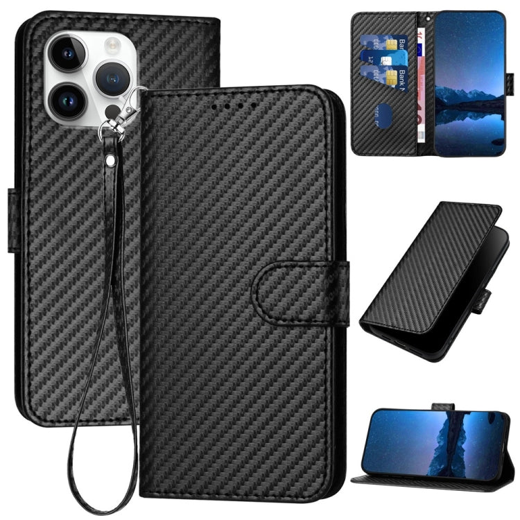 YX0070 Carbon Fiber Buckle Leather Phone Case with Lanyard, For iPhone 16 Pro Max, For iPhone 16 Pro, For iPhone 16 Plus, For iPhone 16