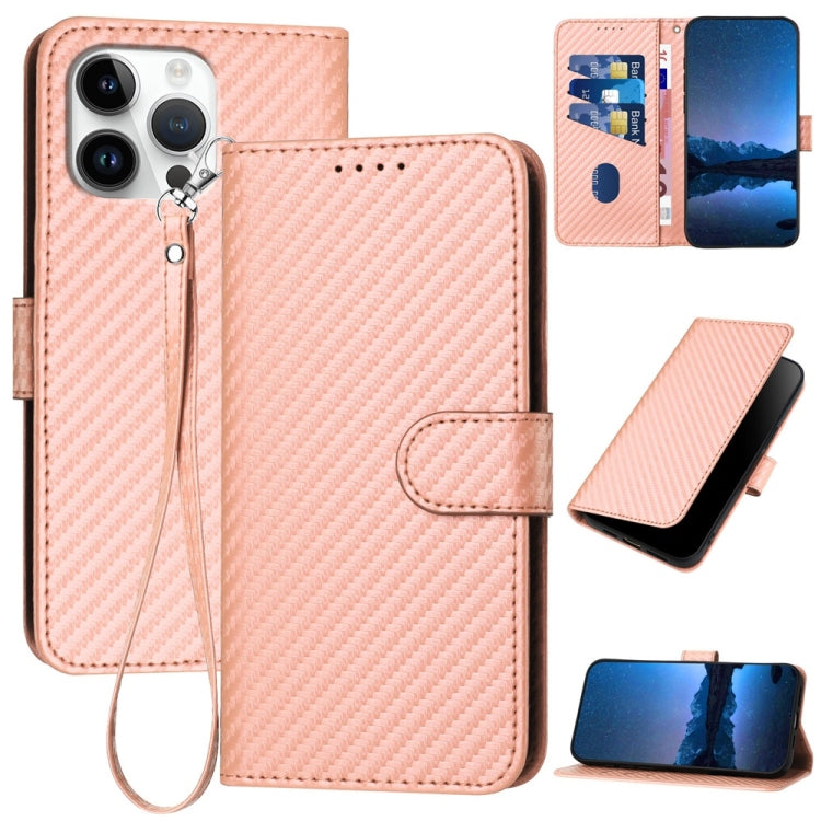 YX0070 Carbon Fiber Buckle Leather Phone Case with Lanyard, For iPhone 16 Pro Max, For iPhone 16 Pro, For iPhone 16 Plus, For iPhone 16