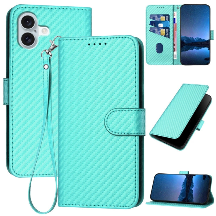 YX0070 Carbon Fiber Buckle Leather Phone Case with Lanyard, For iPhone 16 Pro Max, For iPhone 16 Pro, For iPhone 16 Plus, For iPhone 16