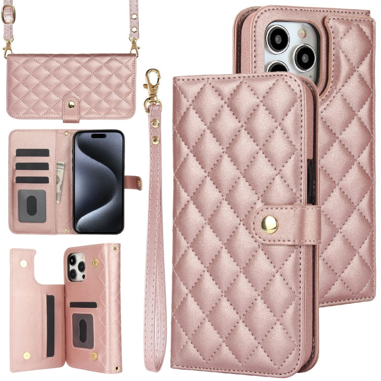 Crossbody Multifunction Rhombic Leather Phone Case, For iPhone 15 Pro Max, For iPhone 15 Pro, For iPhone 15 Plus, For iPhone 15