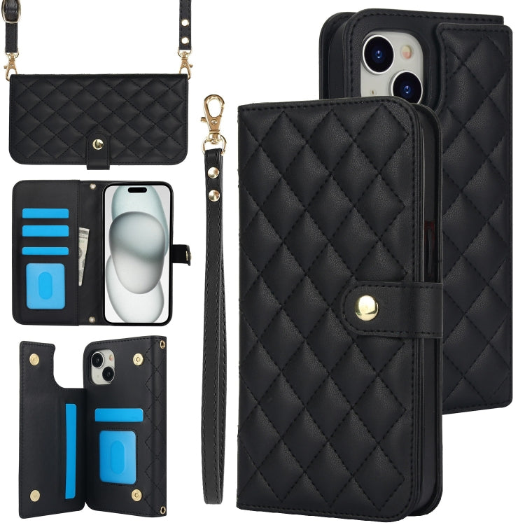 Crossbody Multifunction Rhombic Leather Phone Case, For iPhone 15 Pro Max, For iPhone 15 Pro, For iPhone 15 Plus, For iPhone 15