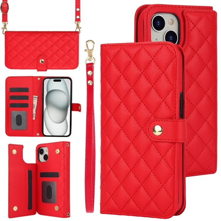 Crossbody Multifunction Rhombic Leather Phone Case, For iPhone 15 Pro Max, For iPhone 15 Pro, For iPhone 15 Plus, For iPhone 15