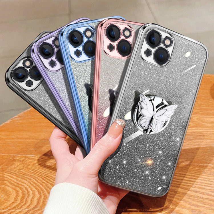 Plated Gradient Glitter Butterfly Holder TPU Phone Case, For iPhone 15 Plus, For iPhone 15, For iPhone 14 Plus, For iPhone 14, For iPhone 14 Pro, For iPhone 14 Pro Max