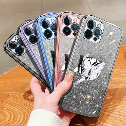 Plated Gradient Glitter Butterfly Holder TPU Phone Case, For iPhone 12 Pro Max, For iPhone 12 Pro, For iPhone 12 mini, For iPhone 11 Pro Max, For iPhone 11, For iPhone 11 Pro