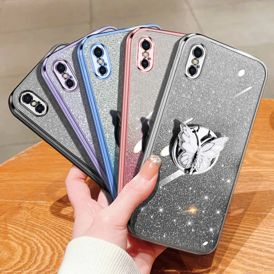 Plated Gradient Glitter Butterfly Holder TPU Phone Case, For iPhone X / XS, For iPhone XR, For iPhone XS Max, For iPhone 7 Plus / 8 Plus