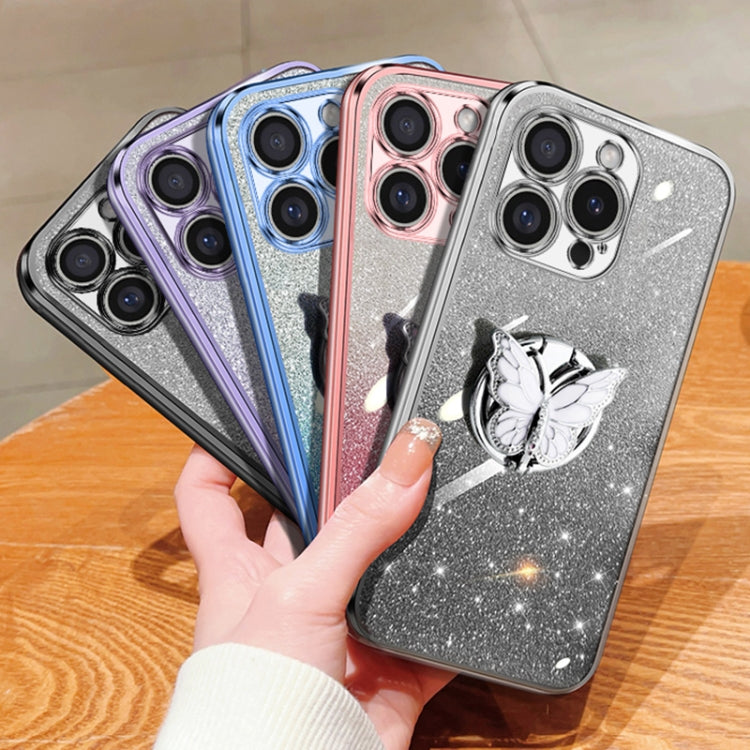 Plated Gradient Glitter Butterfly Holder TPU Phone Case, For iPhone 16 Pro Max, For iPhone 16 Pro, For iPhone 16 Plus, For iPhone 16, For iPhone 15 Pro Max, For iPhone 15 Pro