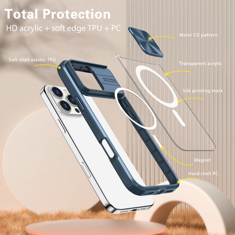 Clear Acrylic + PC + TPU MagSafe Lens Sliding Cover Full Coverage Phone Case, For iPhone 16 Pro Max, For iPhone 16 Pro, For iPhone 16 Plus, For iPhone 16