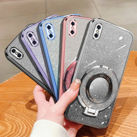 Plated Gradient Glitter Round Holder TPU Phone Case, For iPhone X / XS, For iPhone XR, For iPhone XS Max, For iPhone 7 Plus / 8 Plus