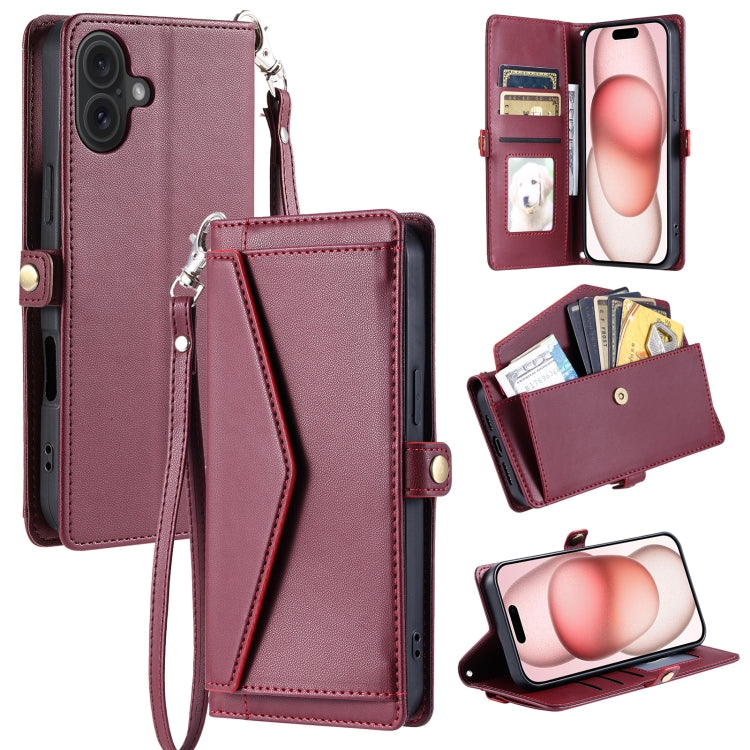 Wallet Multi-card Slot Leather Phone Case with Lanyard, For iPhone 16e, For iPhone 16 Pro Max, For iPhone 16 Pro, For iPhone 16 Plus, For iPhone 16, For iPhone 15 Pro Max