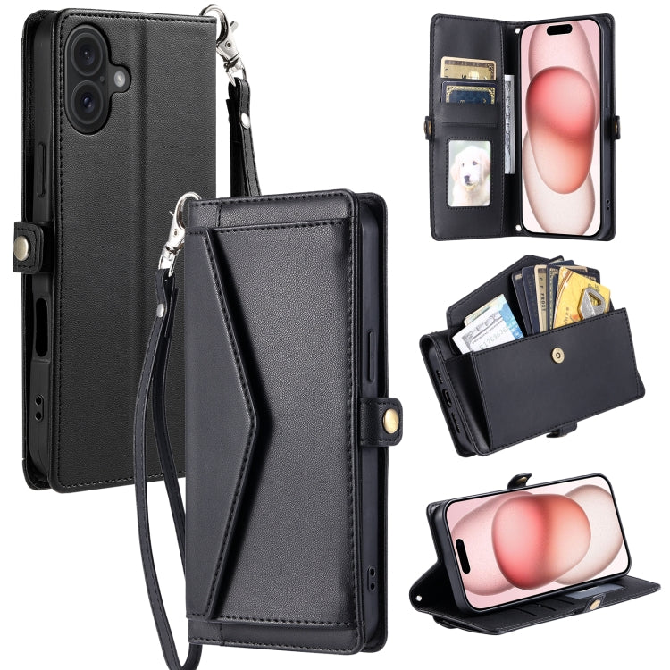 Wallet Multi-card Slot Leather Phone Case with Lanyard, For iPhone 16e, For iPhone 16 Pro Max, For iPhone 16 Pro, For iPhone 16 Plus, For iPhone 16, For iPhone 15 Pro Max