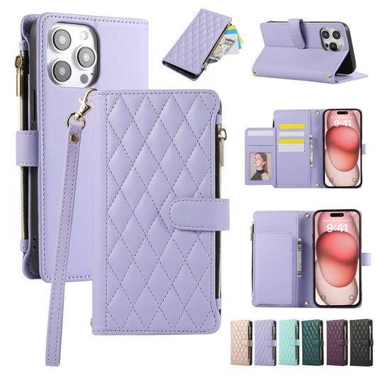 Rhombic Zipper Wallet Leather Phone Case, For iPhone 15 Pro, For iPhone 15 Plus, For iPhone 15, For iPhone 14 Plus, For iPhone 14