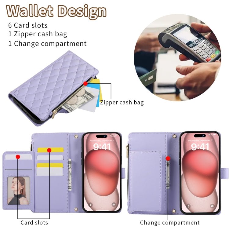 Rhombic Zipper Wallet Leather Phone Case, For iPhone 15 Pro, For iPhone 15 Plus, For iPhone 15, For iPhone 14 Plus, For iPhone 14