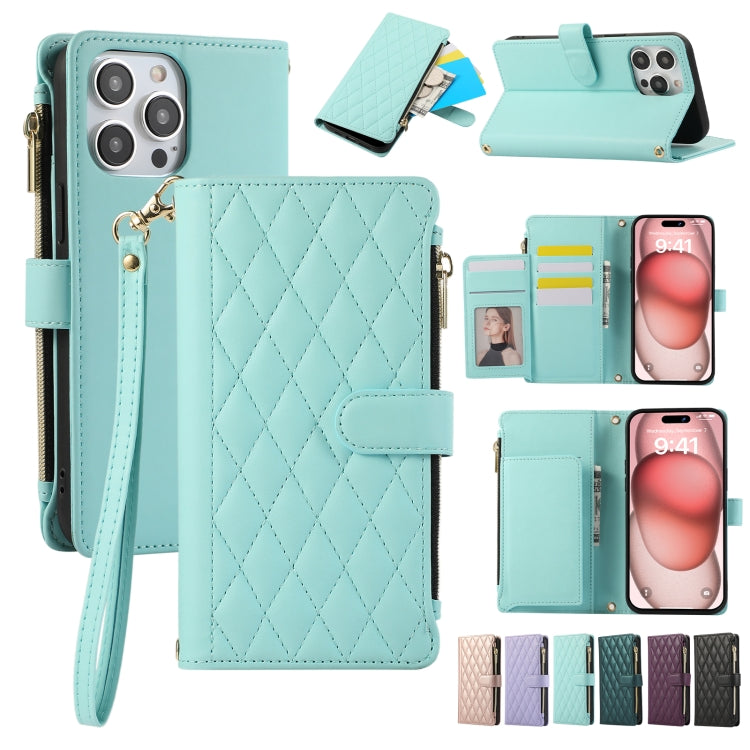 Rhombic Zipper Wallet Leather Phone Case, For iPhone 15 Pro, For iPhone 15 Plus, For iPhone 15, For iPhone 14 Plus, For iPhone 14