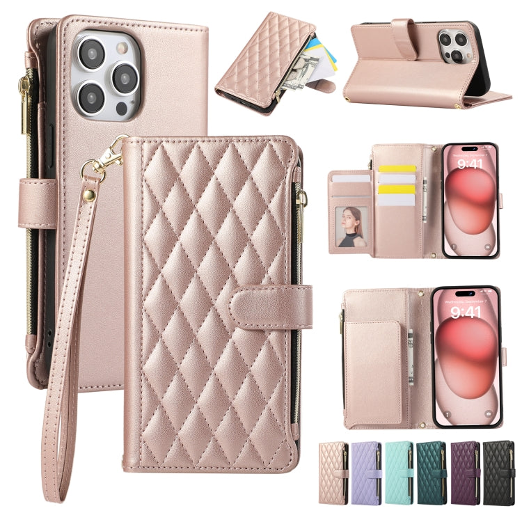 Rhombic Zipper Wallet Leather Phone Case, For iPhone 15 Pro, For iPhone 15 Plus, For iPhone 15, For iPhone 14 Plus, For iPhone 14