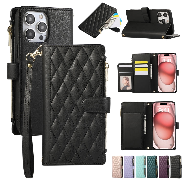 Rhombic Zipper Wallet Leather Phone Case, For iPhone 15 Pro, For iPhone 15 Plus, For iPhone 15, For iPhone 14 Plus, For iPhone 14