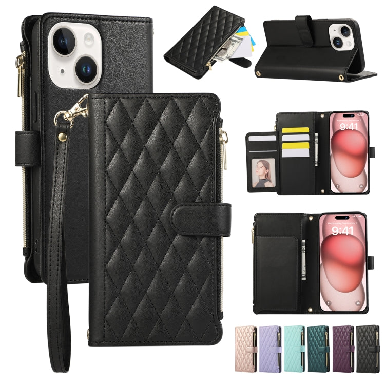 Rhombic Zipper Wallet Leather Phone Case, For iPhone 15 Pro, For iPhone 15 Plus, For iPhone 15, For iPhone 14 Plus, For iPhone 14